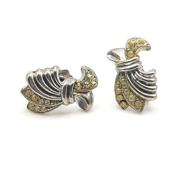 Vintage Screw Back Earrings, Silver Toned, Rhinestone - Picture 1 of 3